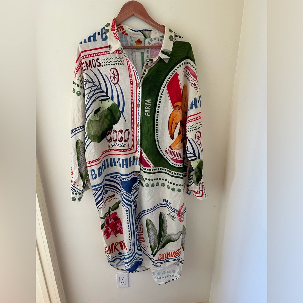 Farm Rio Tropical Destination Fruit Food Long Shirt Bohemian Dress